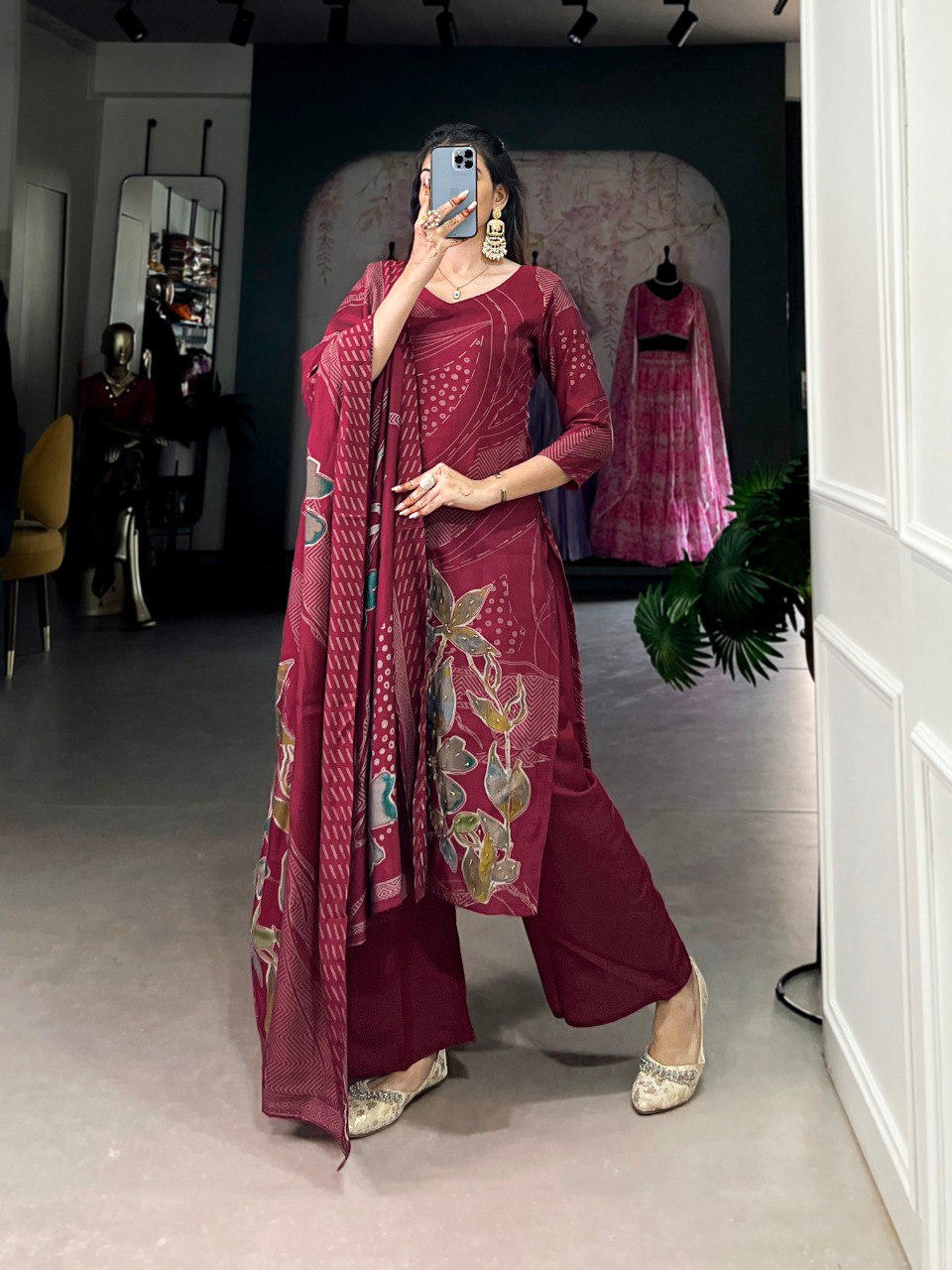 Maroon Floral Print Roman Silk Salwar Suit with Beaded Handwork – Elegance with Comfort 💫