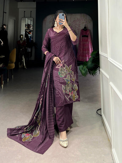 Plum Purple Floral Print Roman Silk Salwar Suit with Beaded Handwork – A Timeless Classic 💜