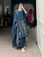 Navy Blue Floral Print Roman Silk Salwar Suit with Beaded Handwork – Timeless Elegance 💫