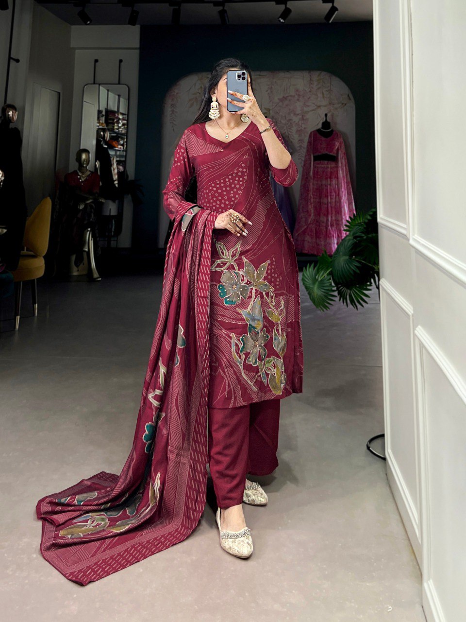 Maroon Floral Print Roman Silk Salwar Suit with Beaded Handwork – Elegance with Comfort 💫