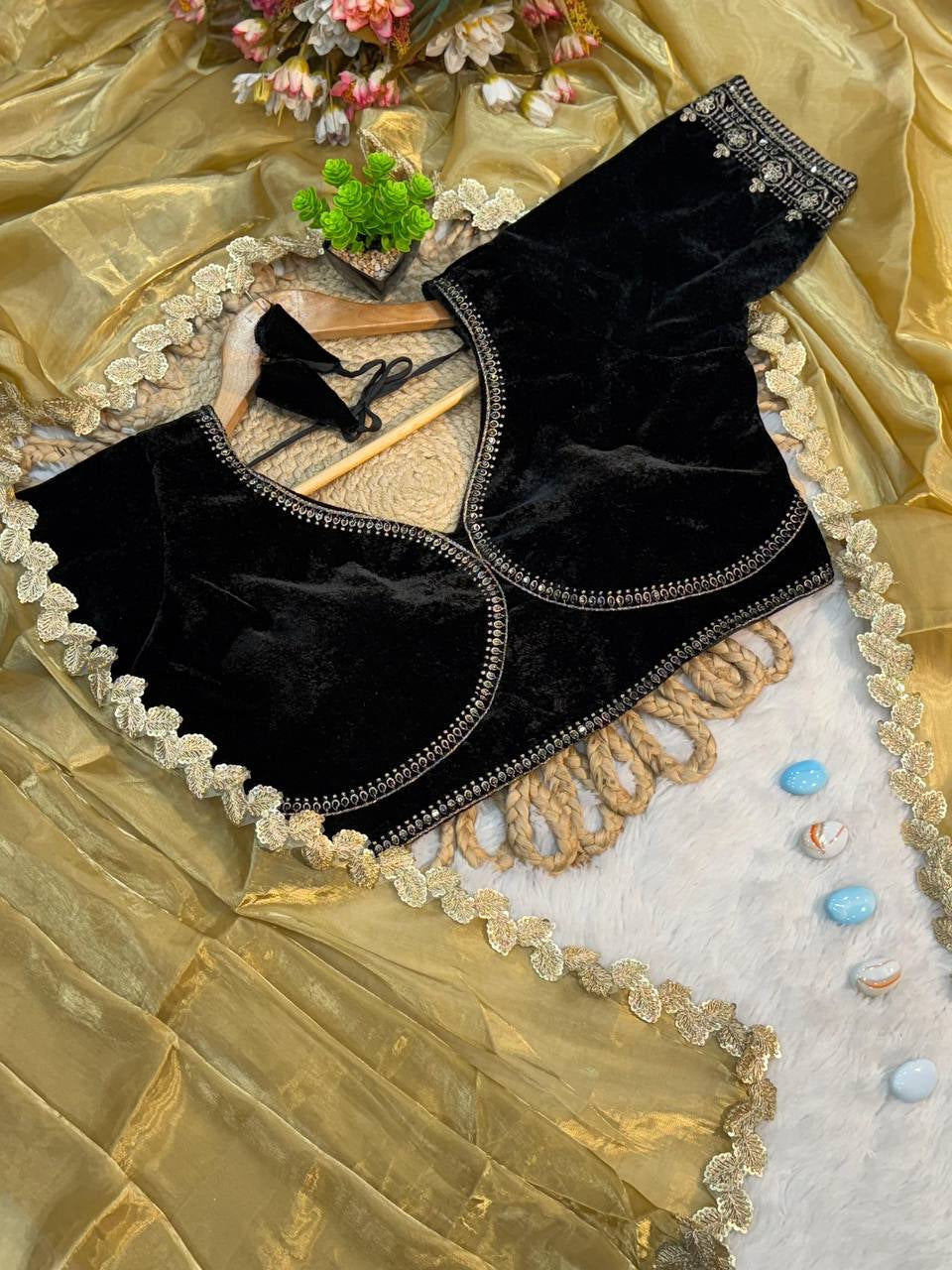 Golden Shine Tissue Saree with Black Velvet Embroidered Blouse