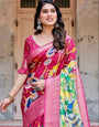 Magenta Tussar Silk Saree with Artistic Peacock & Floral Kalamkari Design