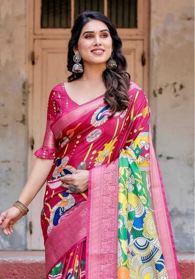 Magenta Tussar Silk Saree with Artistic Peacock & Floral Kalamkari Design