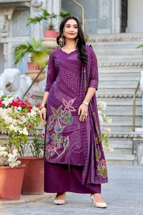 Plum Purple Floral Print Roman Silk Salwar Suit with Beaded Handwork – A Timeless Classic 💜