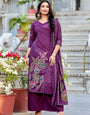 Plum Purple Floral Print Roman Silk Salwar Suit with Beaded Handwork – A Timeless Classic 💜