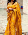 Yellow Pure Georgette Kanjivaram Silk Saree Weaved With Copper Zari Comes With Attached Blouse.