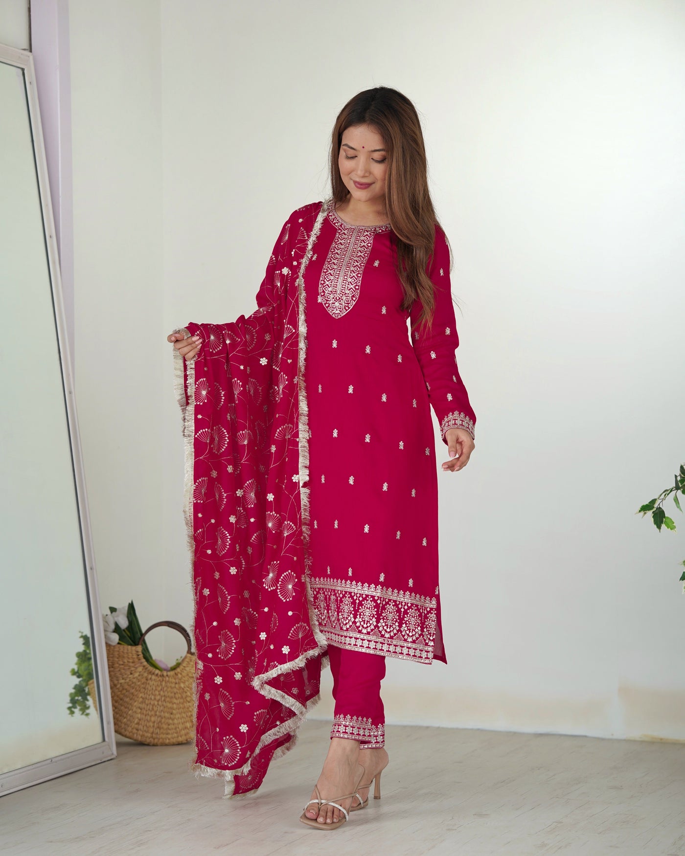 Exquisite Magenta Vichitra Silk Kurta Set with Embroidered Dupatta