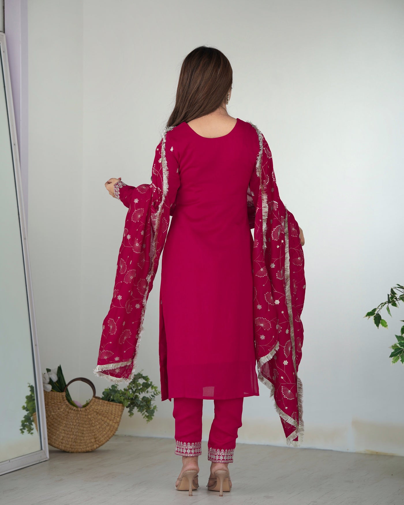 Exquisite Magenta Vichitra Silk Kurta Set with Embroidered Dupatta