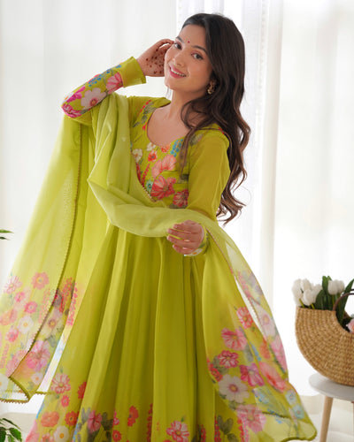 Digitally Printed & Embroidered Yoke Pure Organza Anarkali Suit With Huge Flair Comes With Duppatta