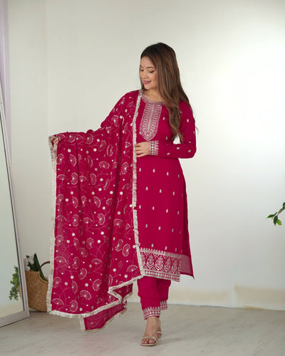 Exquisite Magenta Vichitra Silk Kurta Set with Embroidered Dupatta