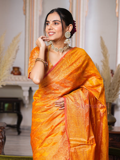 Yellow Color Pure Organza Saree Adorned with Zari Weaving, Complete with Matching Blouse Piece