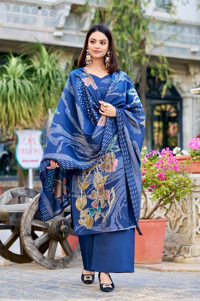 Navy Blue Floral Print Roman Silk Salwar Suit with Beaded Handwork – Timeless Elegance 💫