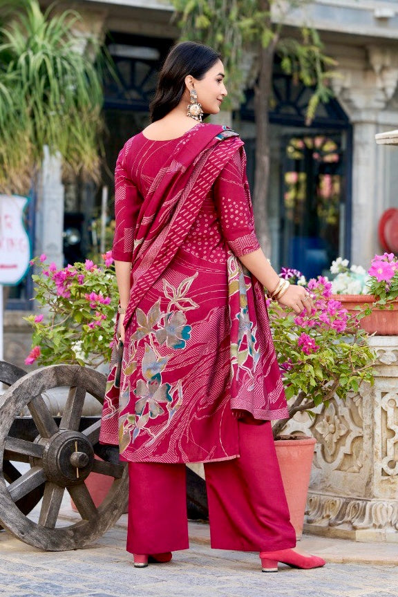 Maroon Floral Print Roman Silk Salwar Suit with Beaded Handwork – Elegance with Comfort 💫