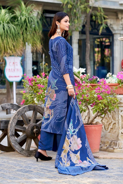 Navy Blue Floral Print Roman Silk Salwar Suit with Beaded Handwork – Timeless Elegance 💫