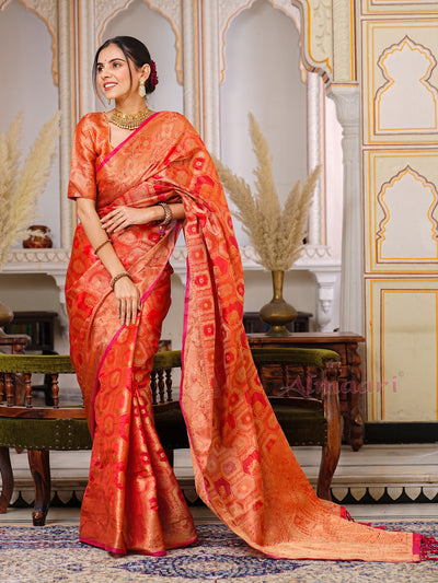 Red Color Pure Organza Saree Adorned with Zari Weaving, Complete with Matching Blouse Piece