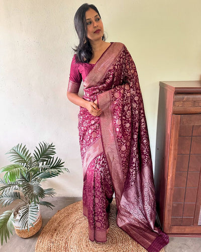 Maroon Pure Kanjivaram Silk Saree with Gold Zari Floral Weaving and Tassel Detailing