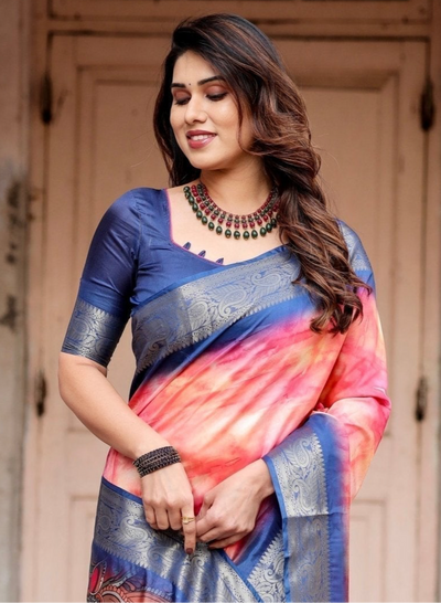 Pink and Blue Digital Printed Saree with Peacock Motif and Tassel Detail