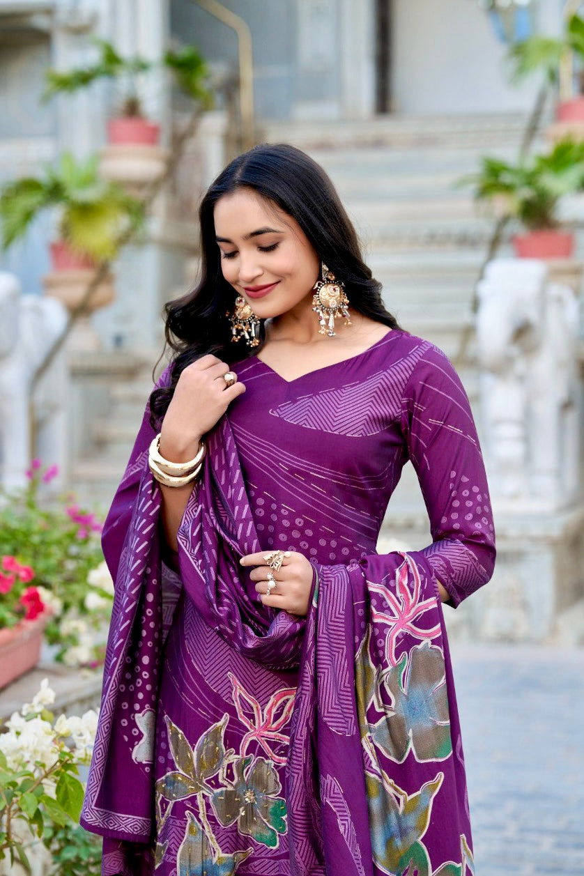 Plum Purple Floral Print Roman Silk Salwar Suit with Beaded Handwork – A Timeless Classic 💜