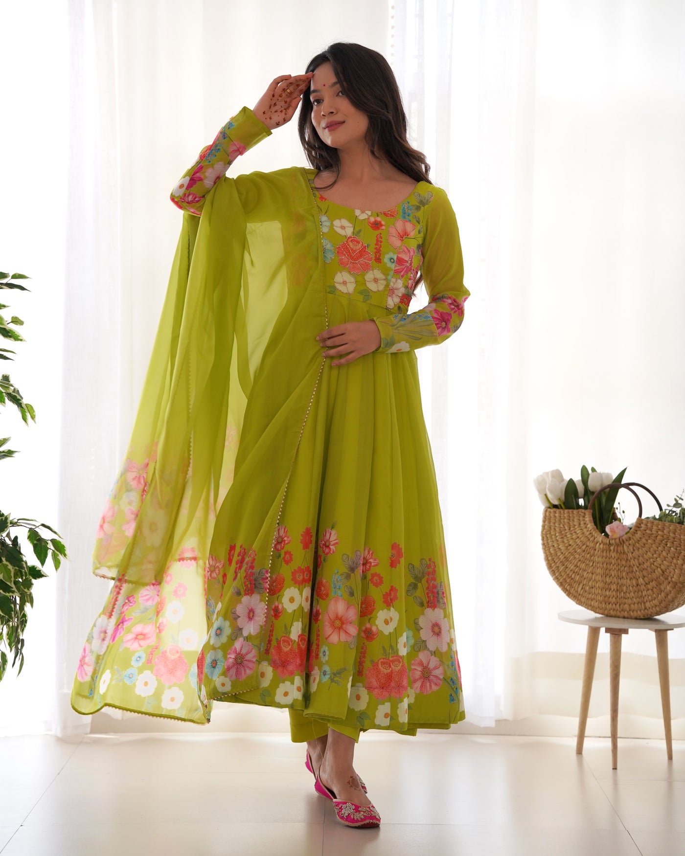 Digitally Printed & Embroidered Yoke Pure Organza Anarkali Suit With Huge Flair Comes With Duppatta