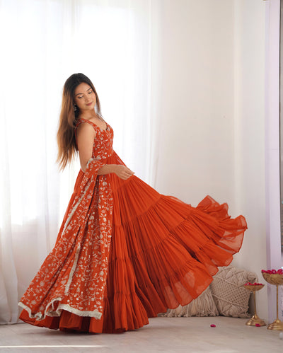 Rust Orange Heavy Pure Soft Fox Georgette Anarkali Set with Dupatta – 12 Meter Flair, Embroidery & Thread Work