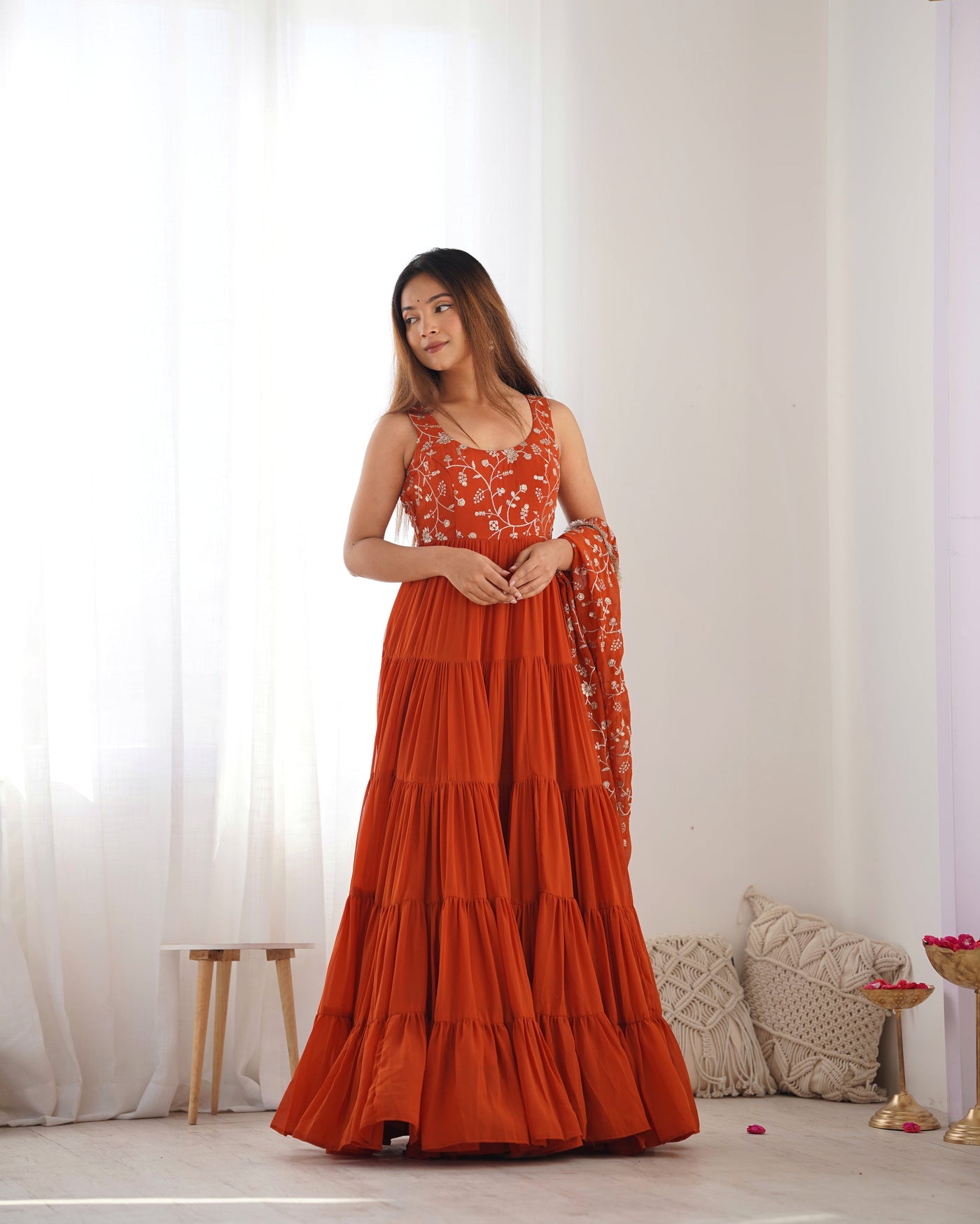 Rust Orange Heavy Pure Soft Fox Georgette Anarkali Set with Dupatta – 12 Meter Flair, Embroidery & Thread Work