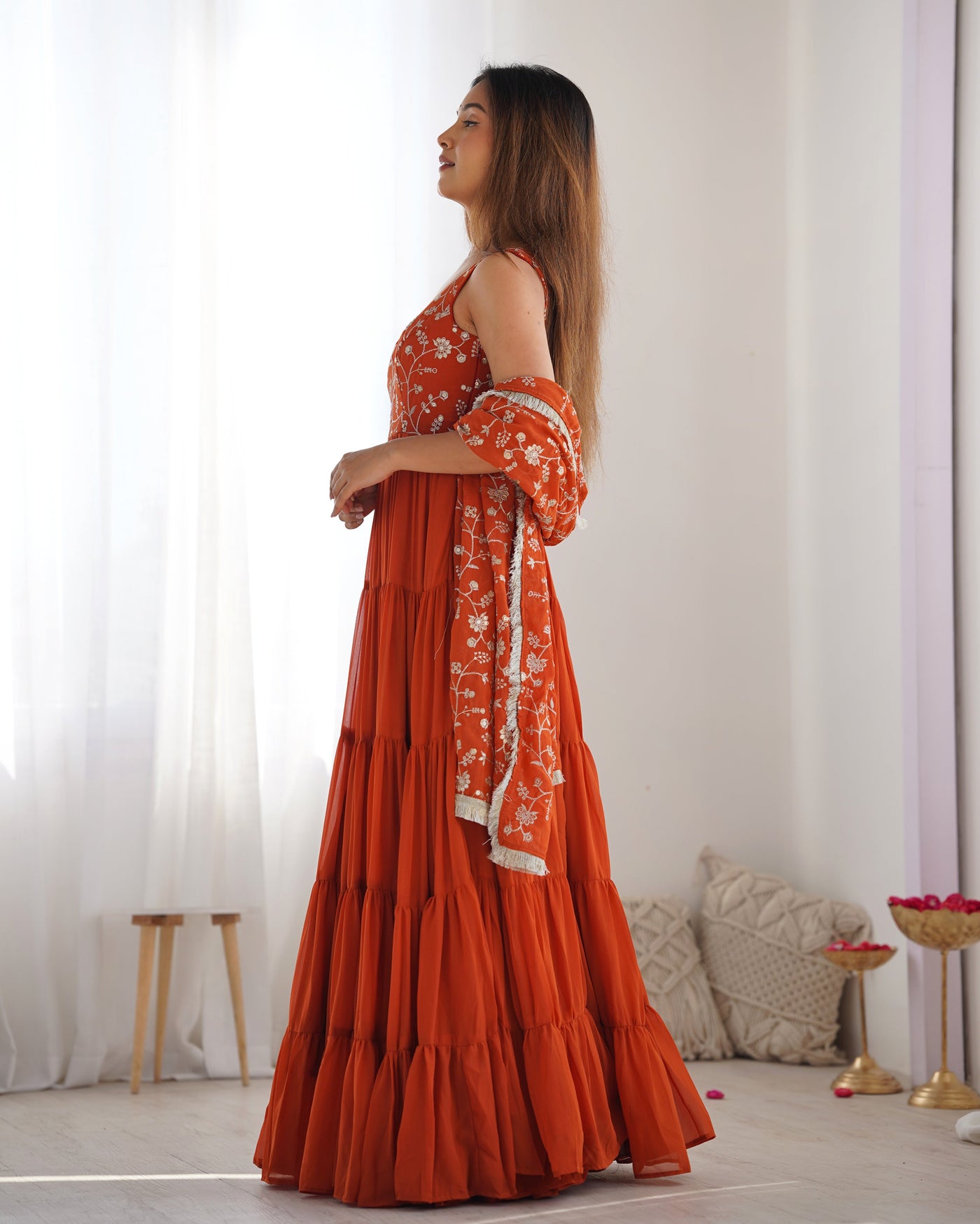 Rust Orange Heavy Pure Soft Fox Georgette Anarkali Set with Dupatta – 12 Meter Flair, Embroidery & Thread Work