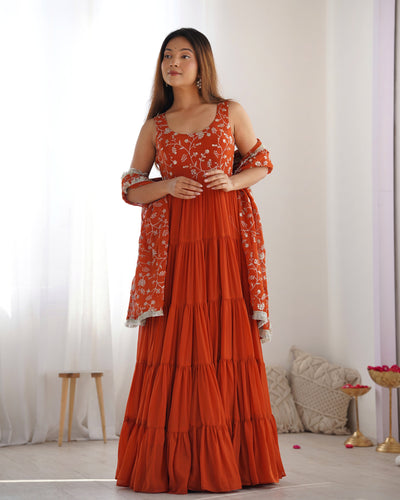 Rust Orange Heavy Pure Soft Fox Georgette Anarkali Set with Dupatta – 12 Meter Flair, Embroidery & Thread Work