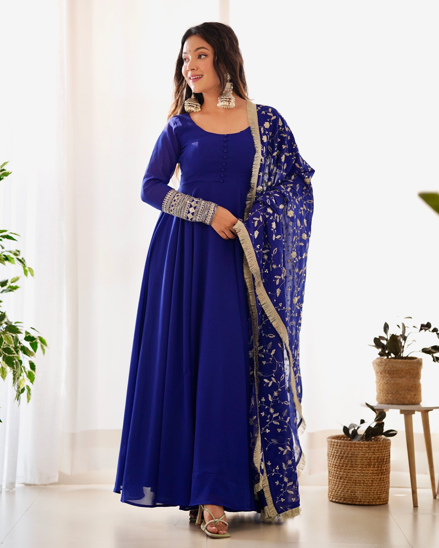 Royal Blue Pure Georgette Anarkali Suit With Huge Flair Comes With Duppatta & Pant