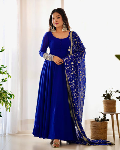 Royal Blue Pure Georgette Anarkali Suit With Huge Flair Comes With Duppatta & Pant