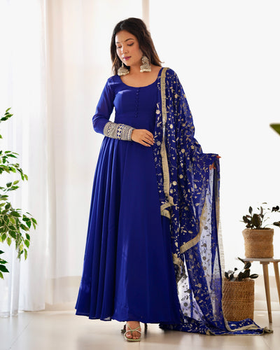 Royal Blue Pure Georgette Anarkali Suit With Huge Flair Comes With Duppatta & Pant