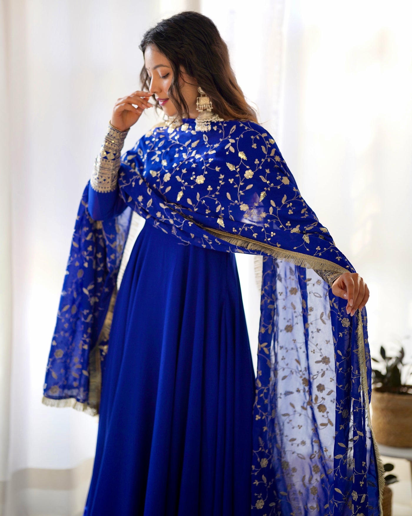 Royal Blue Pure Georgette Anarkali Suit With Huge Flair Comes With Duppatta & Pant