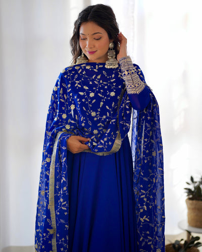 Royal Blue Pure Georgette Anarkali Suit With Huge Flair Comes With Duppatta & Pant