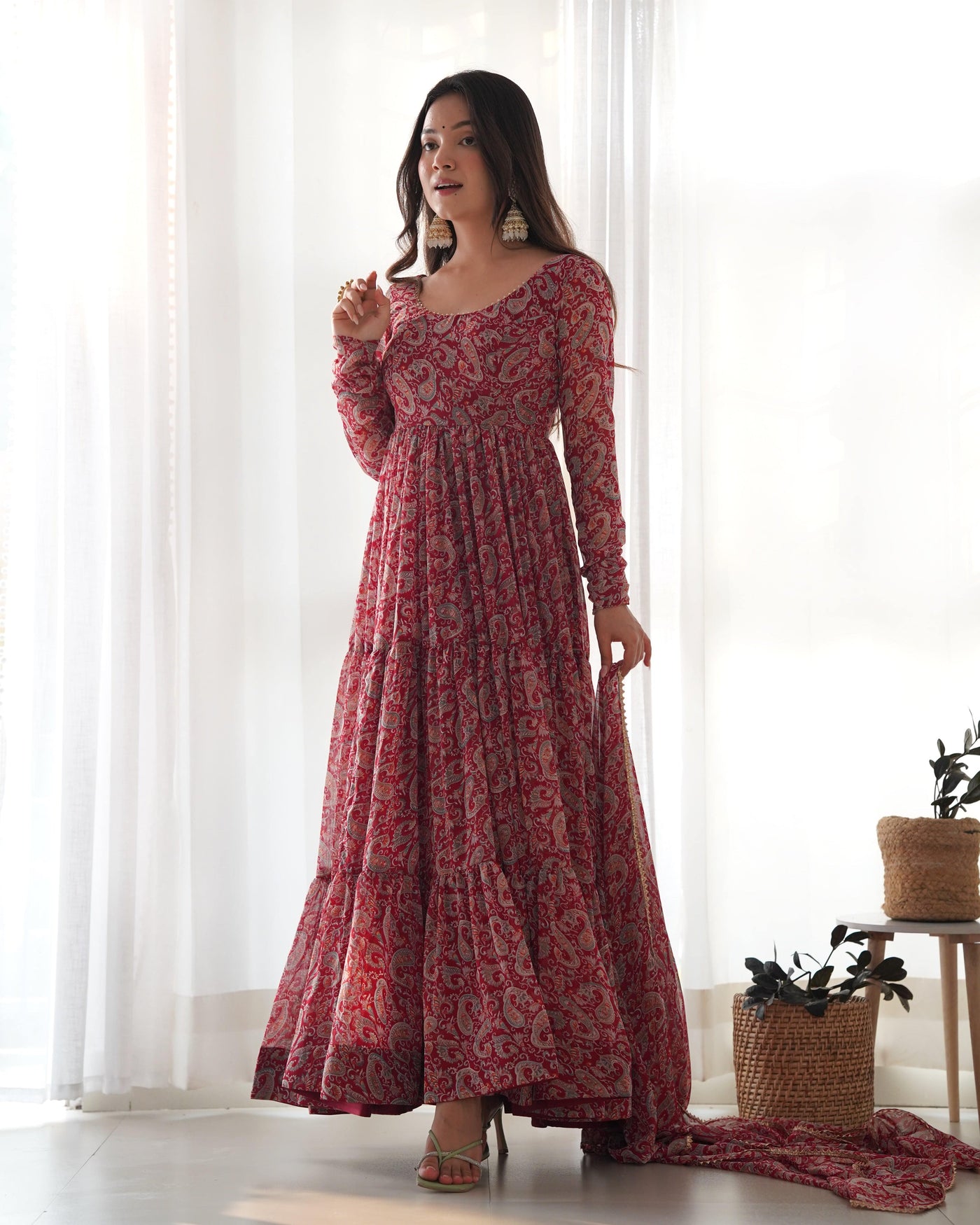 Pure Soft Fox Georgette Kalamkari Print Fabric Fully Flared Anarkali with Dupatta Set and Pants, Ready to Wear