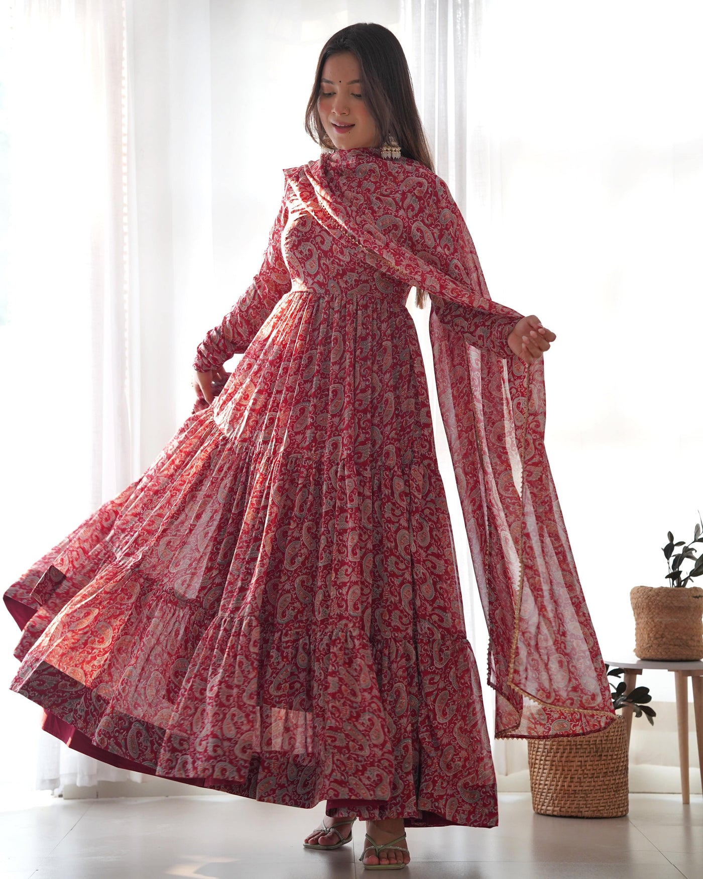 Pure Soft Fox Georgette Kalamkari Print Fabric Fully Flared Anarkali with Dupatta Set and Pants, Ready to Wear