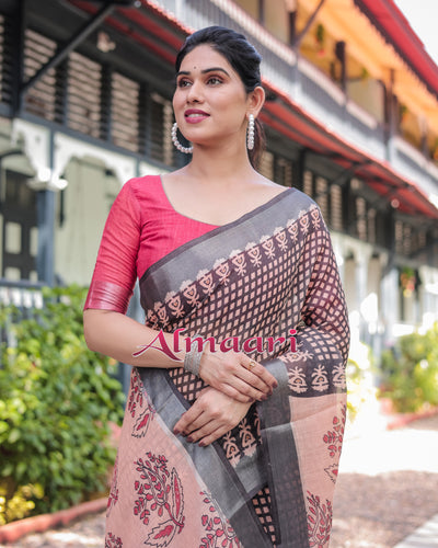 Pure Cotton Linen Saree Weaved With  Zari Comes With Tassels