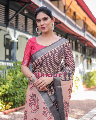 Pure Cotton Linen Saree Weaved With  Zari Comes With Tassels