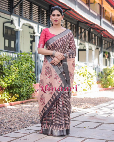 Pure Cotton Linen Saree Weaved With  Zari Comes With Tassels