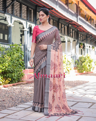 Pure Cotton Linen Saree Weaved With  Zari Comes With Tassels