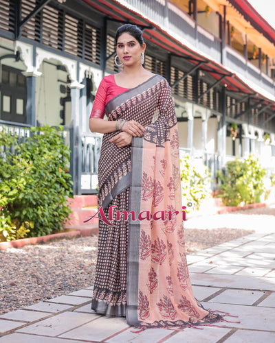 Pure Cotton Linen Saree Weaved With  Zari Comes With Tassels