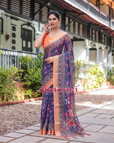 Pure Cotton Linen Saree Weaved With  Zari Comes With Tassels