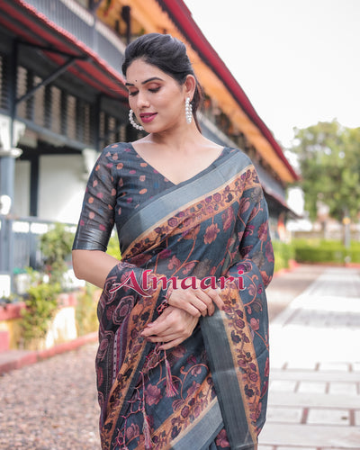 Pure Cotton Linen Saree Weaved With  Zari Comes With Tassels