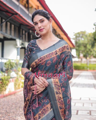 Pure Cotton Linen Saree Weaved With  Zari Comes With Tassels