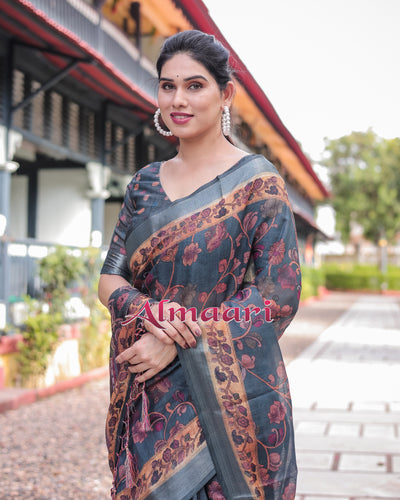 Pure Cotton Linen Saree Weaved With  Zari Comes With Tassels