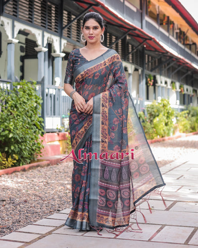 Pure Cotton Linen Saree Weaved With  Zari Comes With Tassels