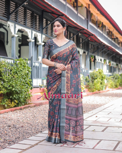 Pure Cotton Linen Saree Weaved With  Zari Comes With Tassels