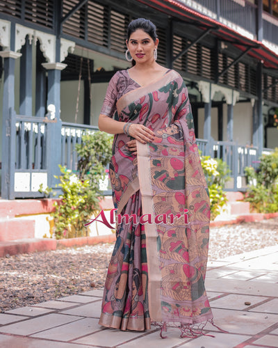 Pure Cotton Linen Saree Weaved With  Zari Comes With Tassels