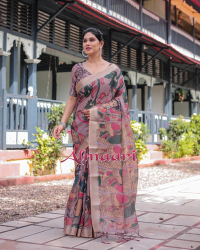 Pure Cotton Linen Saree Weaved With  Zari Comes With Tassels