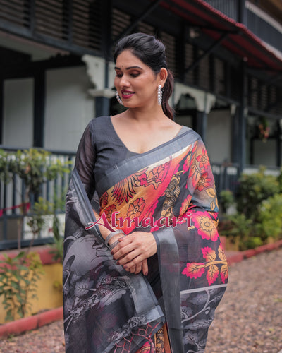 Pure Cotton Linen Saree Weaved With  Zari Comes With Tassels