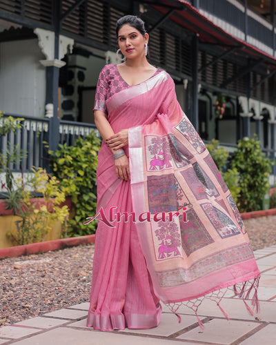 Pure Cotton Linen Saree Weaved With  Zari Comes With Tassels