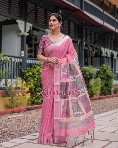 Pure Cotton Linen Saree Weaved With  Zari Comes With Tassels